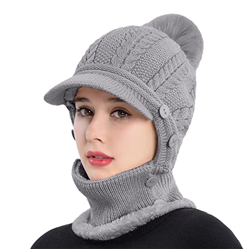 Rayson Kapuzenschal Damen Wintermütze mit Schirm Fleece Gefüttert Strickmützen 3 In 1 Verstellbarer Gesichtsschutz Balaclava für Damen(Grau, Einheitsgröße) von Rayson