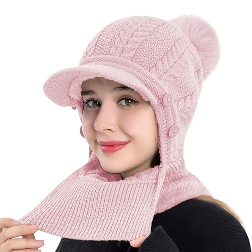 Rayson Kapuzenschal Damen Wintermütze mit Schirm Fleece Gefüttert Strickmützen 3 In 1 Verstellbarer Gesichtsschutz Balaclava für Damen(Rosa, Einheitsgröße) von Rayson