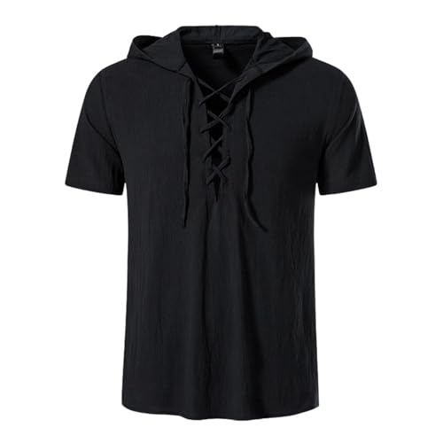 Rayson Kapuzenshirt Herren Kurzarm Sommer Freizeit Kapuzenpullover V-Ausschnitt Schnüre an Reine Farbe T-Shirt mit Kapuze（Schwarz,XXL von Rayson