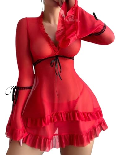 Rayson Lingerie Rüschenkleid mit G-String in Spitze Nachtwäsche Kleid Push-up Dessous Outfit Damen Transparent Langarm Sexy Pyjama Kleidung Unterwäsche Set(Rot, One Size) von Rayson