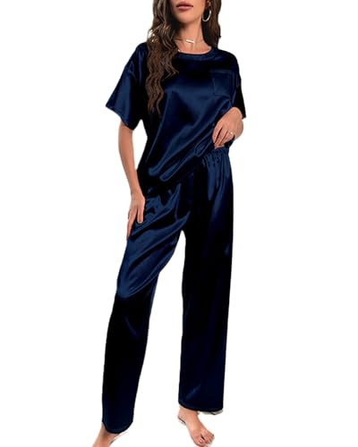 Rayson Pajamas Silk Damen Sommer Zweiteilig Kurzarm und Lange Hose Leichtes Atmungsaktives Satin Nachthemd Weiches Komfortables Pyjama Set S-XL von Rayson