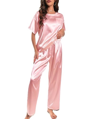 Rayson Pajamas Silk Damen Sommer Zweiteilig Kurzarm und Lange Hose Leichtes Atmungsaktives Satin Nachthemd Weiches Komfortables Pyjama Set S-XL von Rayson