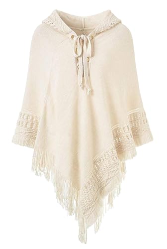 Rayson Poncho Damen Elegant Warm Winter mit Kapuze Solid Color Strick Ponchos Capes für Damen mit Fringes Poncho Schal Damen Gestrickt Verstellbarer Kragen(Beige,One Size) von Rayson