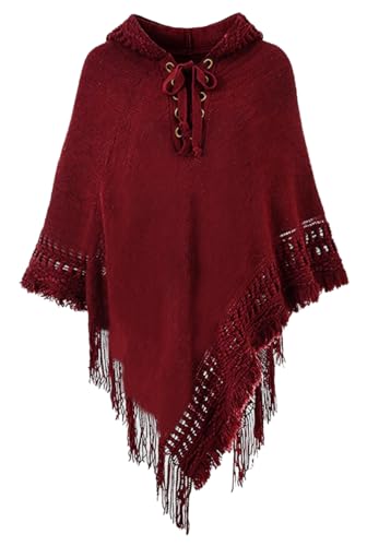 Rayson Poncho Damen Elegant Warm Winter mit Kapuze Solid Color Strick Ponchos Capes für Damen mit Fringes Poncho Schal Damen Gestrickt Verstellbarer Kragen(Burgunderrot,One Size) von Rayson