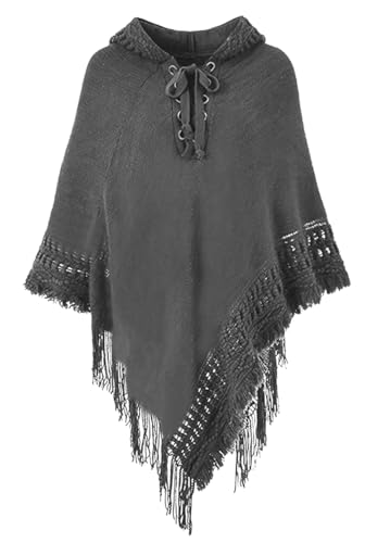 Rayson Poncho Damen Elegant Warm Winter mit Kapuze Solid Color Strick Ponchos Capes für Damen mit Fringes Poncho Schal Damen Gestrickt Verstellbarer Kragen(Grau,One Size) von Rayson
