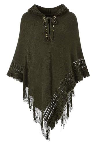 Rayson Poncho Damen Elegant Warm Winter mit Kapuze Solid Color Strick Ponchos Capes für Damen mit Fringes Poncho Schal Damen Gestrickt Verstellbarer Kragen(Grün,One Size) von Rayson