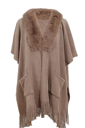 Rayson Poncho Damen Vintage Schal Wrap Schal Mit Plüschausschnitt Und Seitentaschen Open Front Poncho Quasten Übergroße Verdickter Warmer weicher Schal Winterdecke Elegant Cape Coat,Khaki von Rayson