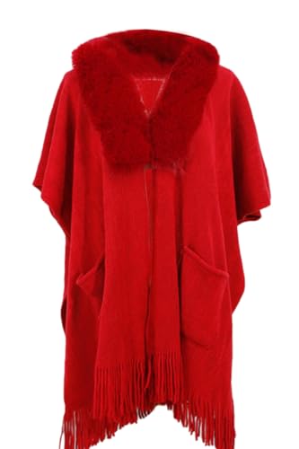 Rayson Poncho Damen Vintage Schal Wrap Schal Mit Plüschausschnitt Und Seitentaschen Open Front Poncho Quasten Übergroße Verdickter Warmer weicher Schal Winterdecke Elegant Cape Coat,Rot von Rayson