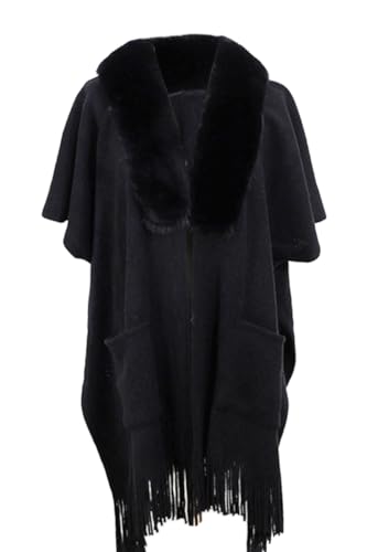 Poncho Damen Vintage Schal Wrap Schal Mit Plüschausschnitt Und Seitentaschen Open Front Poncho Quasten Übergroße Verdickter Warmer weicher Schal Winterdecke Elegant Cape Coat,Schwarz von Rayson