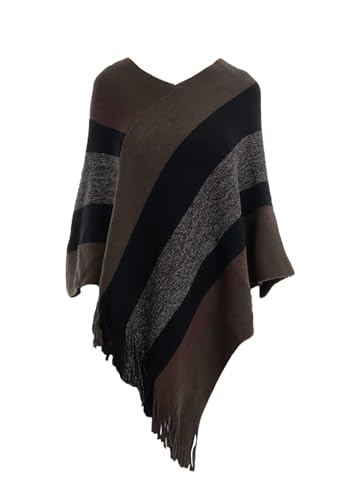 Rayson Poncho Damen Winter Elegant Cape with Fransen V Neck Striped Strick Warm Cape Poncho Damen Kuschelig Umhang Lang mit Kapuze(Grün,One Size) von Rayson