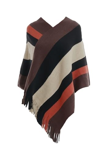 Rayson Poncho Damen Winter Elegant Cape with Fransen V Neck Striped Strick Warm Cape Poncho Damen Kuschelig Umhang Lang mit Kapuze(Orange,One Size) von Rayson