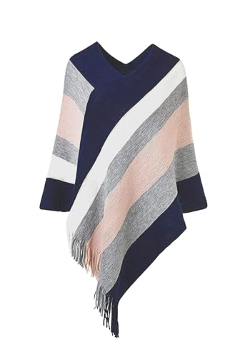 Rayson Poncho Damen Winter Elegant Cape with Fransen V Neck Striped Strick Warm Cape Poncho Damen Kuschelig Umhang Lang mit Kapuze(Rosa,One Size) von Rayson