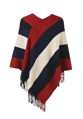 Rayson Poncho Damen Winter Elegant Cape with Fransen V Neck Striped Strick Warm Cape Poncho Damen Kuschelig Umhang Lang mit Kapuze(Rot,One Size) von Rayson