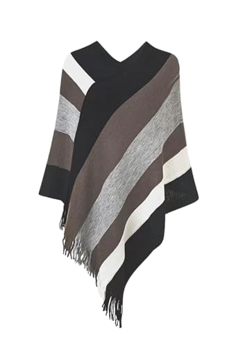 Rayson Poncho Damen Winter Elegant Cape with Fransen V Neck Striped Strick Warm Cape Poncho Damen Kuschelig Umhang Lang mit Kapuze(Schwarz,One Size) von Rayson