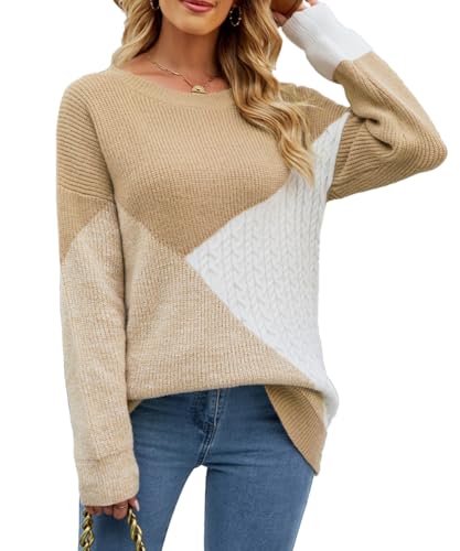 Rayson Pullover für Frauen Damen Strickpullover mit losem Ausschnitt Bequeme Blusen mit Langen Ärmeln Mode Lose Frauen Patchwork Bunte Pullover Pullover Sweater(Khaki,S) von Rayson