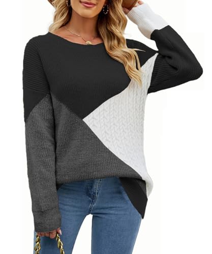 Rayson Pullover für Frauen Damen Strickpullover mit losem Ausschnitt Bequeme Blusen mit Langen Ärmeln Mode Lose Frauen Patchwork Bunte Pullover Pullover Sweater(Schwarz,XL) von Rayson