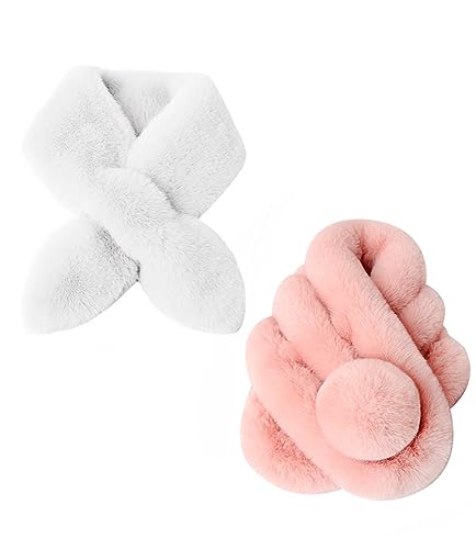 Rayson Schal Damen Halstücher mit Bommel aus Kunstpelz Schal Damen WinterWeich Warm Flauschig Faux Fellkragen Schal Weihnachts Schal Damenschal Loop Schals,Rosa+Weiß von Rayson