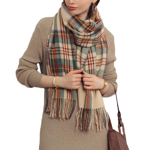 Rayson Schal für Damen Kaschmirimitat Winter Warm Cape Wendbar Kariert Verdickt Mittellange Elegante Stola mit Quasten(Beige,Einheitsgröße) von Rayson