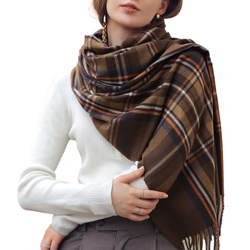 Rayson Schal für Damen Kaschmirimitat Winter Warm Cape Wendbar Kariert Verdickt Mittellange Elegante Stola mit Quasten(Braun,Einheitsgröße) von Rayson