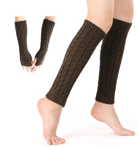 Rayson Socken Und Ärmelset Damen Frauen Winter Crochet Stricken Und Lange Armstulpen Gestrickte Winter Warme Halbfinger Lange Gestrickt Beinwärmer Legwarmers Und Handwärmer Manschetten,Kaffee von Rayson