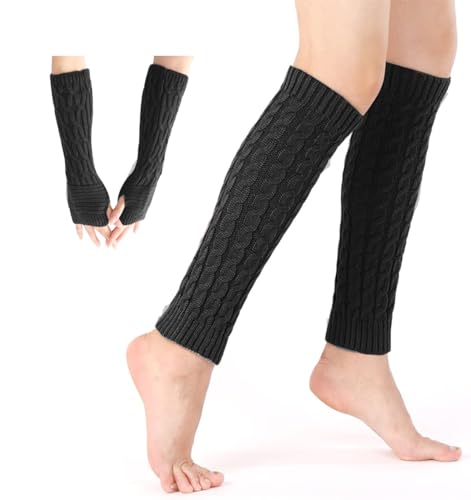 Rayson Socken Und Ärmelset Damen Frauen Winter Crochet Stricken Und Lange Armstulpen Gestrickte Winter Warme Halbfinger Lange Gestrickt Beinwärmer Legwarmers Und Handwärmer Manschetten,Schwarz von Rayson