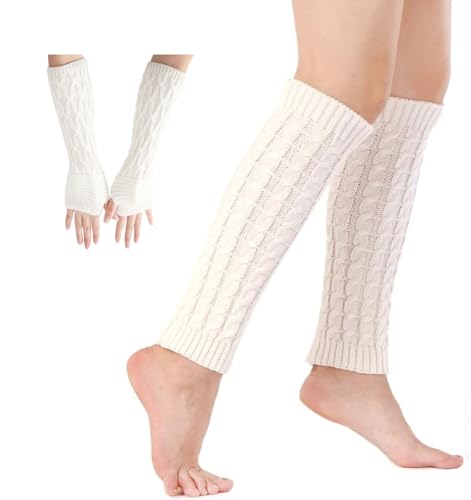 Rayson Socken Und Ärmelset Damen Frauen Winter Crochet Stricken Und Lange Armstulpen Gestrickte Winter Warme Halbfinger Lange Gestrickt Beinwärmer Legwarmers Und Handwärmer Manschetten,Weiß von Rayson