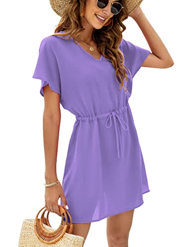 Rayson Strandkleid Damen Bikini Cover Up Strandkleid V Ausschnitt Kurzarm Elastikbund Seitenschlitz Freizeitkleider Strandurlaub Badeanzug Sommer Beach Mini Dress,Violett von Rayson