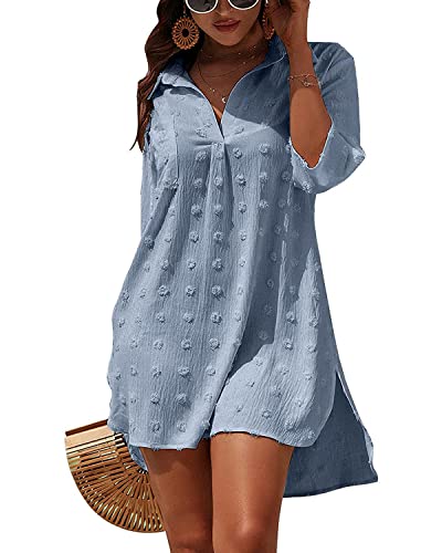 Rayson Strandkleid Damen Sommerkleid Bikini Cover Up Strand Vertuschen Shirt Kurzarm Strandponcho für Sommer Urlaub(Blau) von Rayson