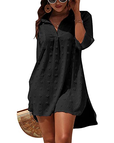 Rayson Strandkleid Damen Sommerkleid Bikini Cover Up Strand Vertuschen Shirt Kurzarm Strandponcho für Sommer Urlaub(Schwarz) von Rayson