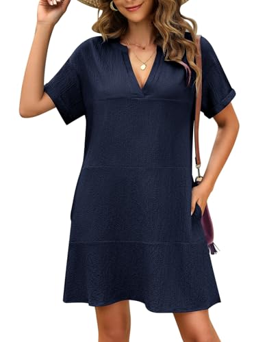 Rayson Strandkleid Damen V Ausschnitt Einfarbiges Bikini Cover Up Strandkleid Sommer Strand Vertuschen Shirt Strandtunika Beachwear(Marineblau, XL) von Rayson