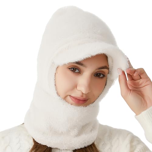 Rayson Wintermütze Damen Warme 3 in 1 Strickmütze Schal Set Dehnen Beanie mit Bommel für Outdoor-Sportarten(Weiß,Einheitsgröße) von Rayson