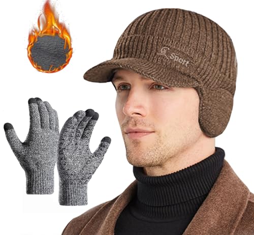 Rayson Wintermütze Herren Beanie Hut Handschuhe Set Warm Wintermütze mit Ohrenklappen Stricken Ohrenklappe Hut Winter Mütze Herren Touchscreen Fahrhandschuhe,Khaki von Rayson