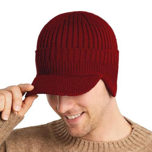 Rayson Wintermütze Herren Damen Strickmütze Winter Warm Mütze mit Ohrenklappen Unisex Beanie für Männer FraueGestrickte Visier Mütze Herbst Winter Outdoor(Burgunderrot) von Rayson