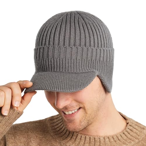 Rayson Wintermütze Herren Damen Strickmütze Winter Warm Mütze mit Ohrenklappen Unisex Beanie für Männer FraueGestrickte Visier Mütze Herbst Winter Outdoor(Grau) von Rayson