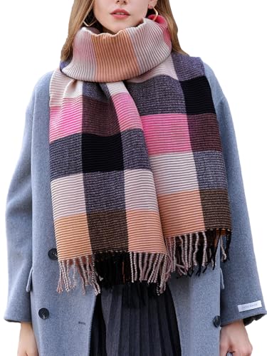 Rayson Fashion Women Scarf Winter Checked Square Scarfs Blanket Warm Women's Tartan Scarf Stripes Plaid Pattern Poncho Fringe Reusable for Family Friends（Rosa） von Rayson