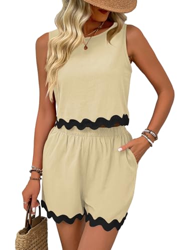 Rayson Zweiteiler Sommer Damen Ärmelloses Oberteil und Kurze Hose mit Taschen Set Casual Spitze Welle Spitze（Beige,M von Rayson