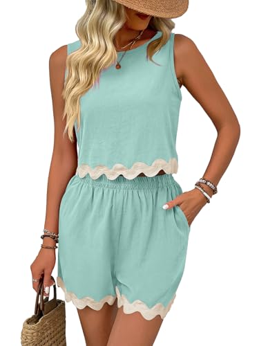Rayson Zweiteiler Sommer Damen Ärmelloses Oberteil und Kurze Hose mit Taschen Set Casual Spitze Welle Spitze（Blau,S von Rayson