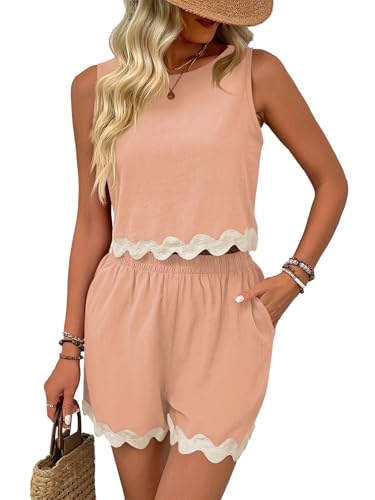 Rayson Zweiteiler Sommer Damen Ärmelloses Oberteil und Kurze Hose mit Taschen Set Casual Spitze Welle Spitze（Rosa,L von Rayson