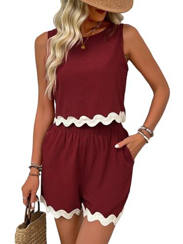 Rayson Zweiteiler Sommer Damen Ärmelloses Oberteil und Kurze Hose mit Taschen Set Casual Spitze Welle Spitze（Rot,L von Rayson