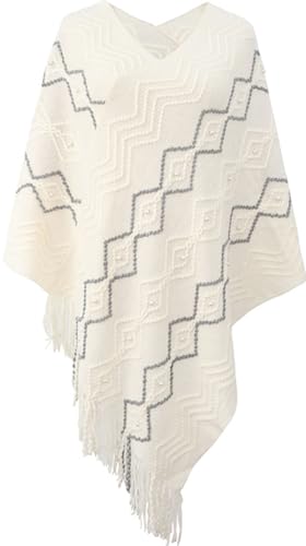 Strick Poncho mit Fransen für Damen Elegant Streifen Flanell Cape Pullover mit Mehrweg-Ausschnitt Leicht und Warm Bequemer Pullover mit Fransen von Rayson