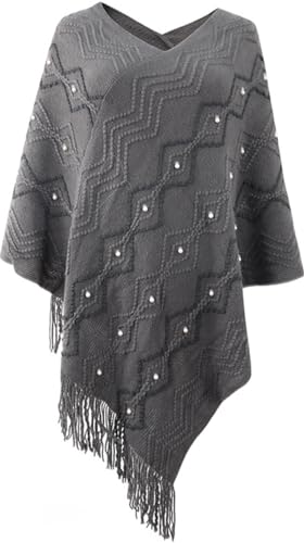 Strick Poncho mit Fransen für Damen Elegant Streifen Flanell Cape Pullover mit Mehrweg-Ausschnitt Leicht und Warm Bequemer Pullover mit Fransen von Rayson