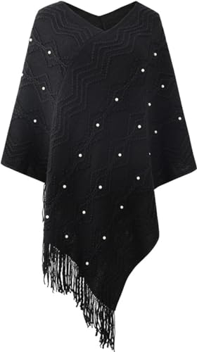 Strick Poncho mit Fransen für Damen Elegant Streifen Flanell Cape Pullover mit Mehrweg-Ausschnitt Leicht und Warm Bequemer Pullover mit Fransen von Rayson