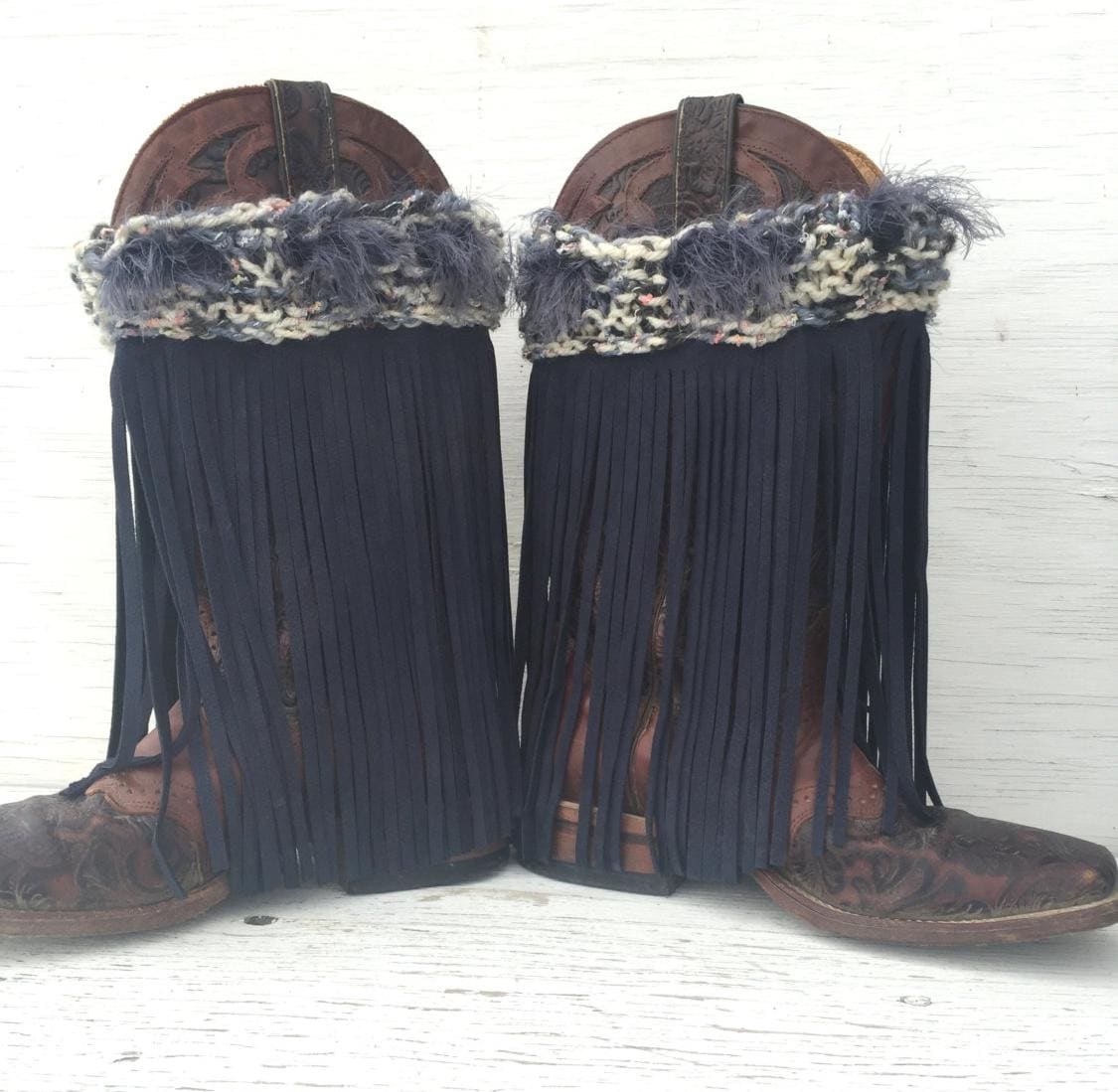 Leder Fringe Stiefel, Western-Boot-Überzug, Festival Outfit, Blaue Fransen von Razels