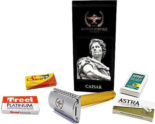 Roman Empire Shaving Sicherheitsrasierer mit Doppelfaden Caesar Gold von Roman Empire Shaving | Klassischer Rasierer | Safety Razor aus Stahl mit 20 Klingen (Astra-Derby-Shark-Treet) von Razor Blades Club