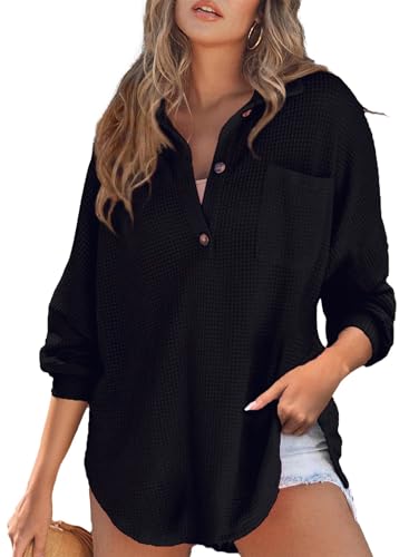 Langarmshirt Damen Herbst 2024 Waffel Schwarze Henley Shirts Italienische Mode V-Ausschnitt Frauen Longpullover Lässige Fall Damenbekleidung Winter Oberteile von Razzlebelle