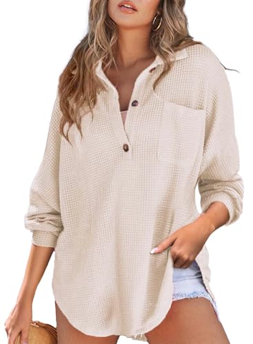 Razzlebelle Elegante Beige Oberteile Damen Herbst Outfit Baumwolle Langarm Bluse Festliche Schickes V Ausschnitt Business Hemdbluse Tunics von Razzlebelle