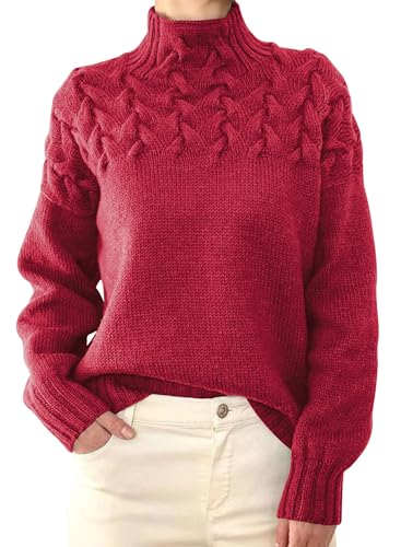 Razzlebelle Pullover Rot Damen Herbst Elegant 2024 Strick Kuschelpullover Rollkragen Langarm Leichter Dünne Frauen Pulli von Razzlebelle