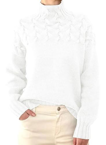 Razzlebelle Pullover Weiß Damen Herbst Elegant 2024 Strick Kuschelpullover Rollkragen Langarm Leichter Dünne Frauen Pulli von Razzlebelle