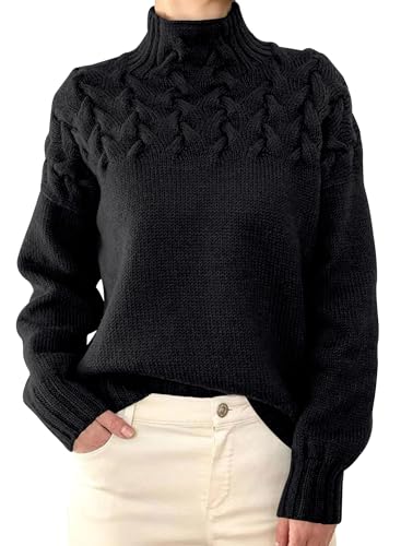 Razzlebelle Schwarzer Strickpullover Damen Grobmaschig Oversize Winter Rollkragen Damenpullover Langarm Warme Ausgefallene Pullover von Razzlebelle