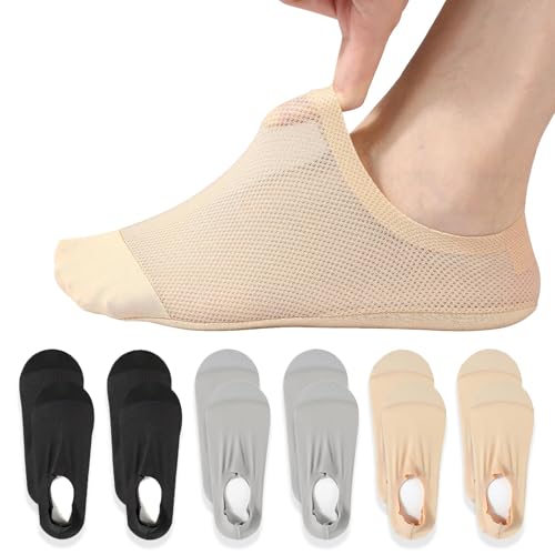 Füßlinge Damen 6 Paar Großes Netz Aus Ultra-Atmungsaktiver Eisseide Unsichtbar Füsslinge Ballerina Socken Anti-Rutsch-Design Geeignet für Flache Schuhe und Halbschuhe (Hautfarbe Schwarz Grau) von Rbleote